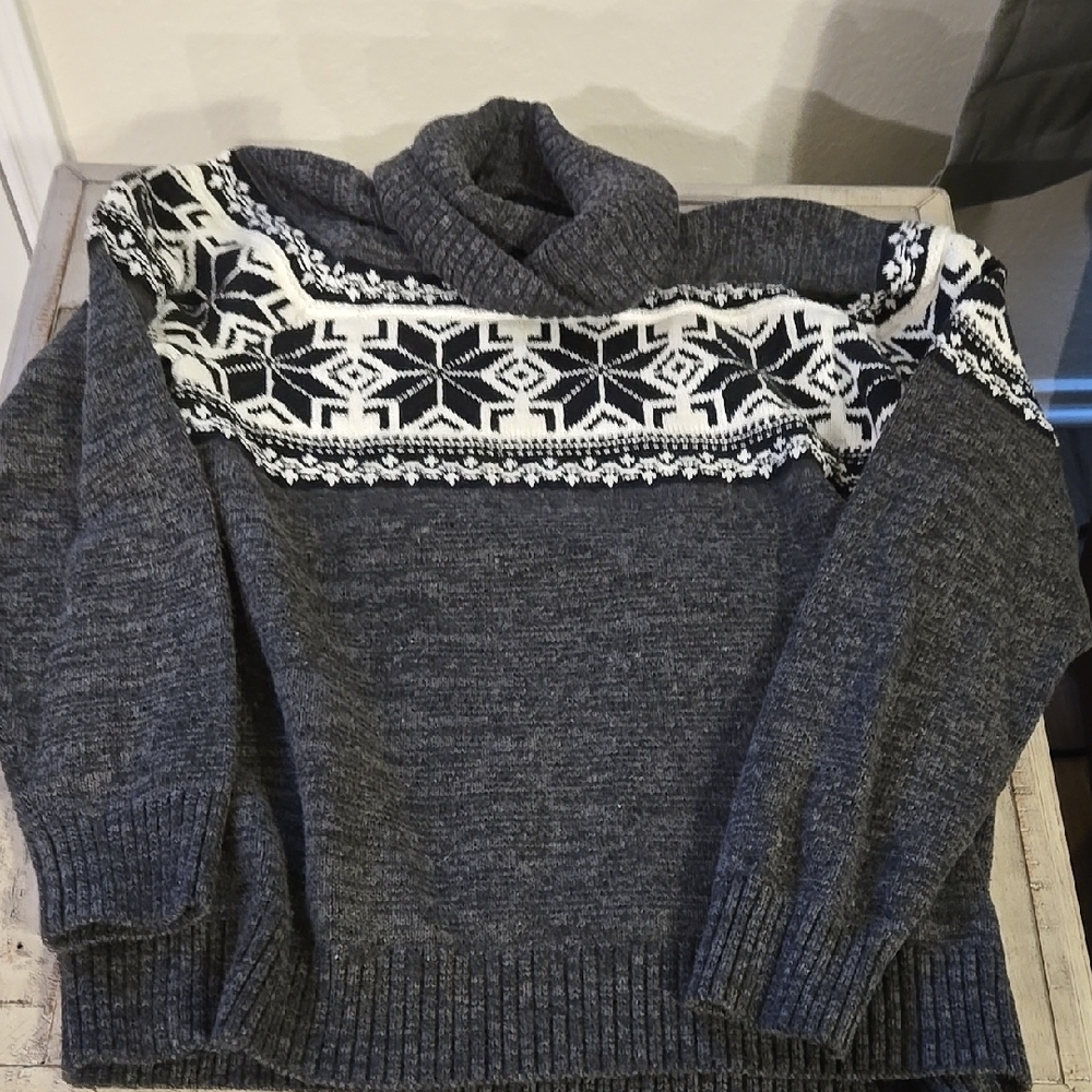 Lands' End Gray Cowl Turtleneck Sweater with Nordic Pattern